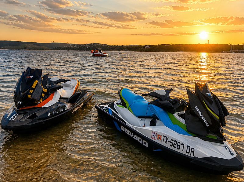 Two of our Sea-Doo jet skis at the shore of Lake Travis at sunset